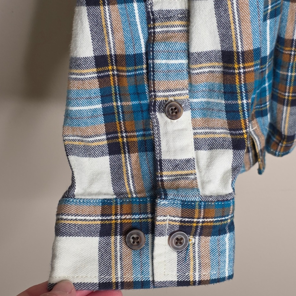 Duluth Trading Co Cotton Plaid Flannel Button Shirt Womens L Blue Brown Autumn - Picture 3 of 9
